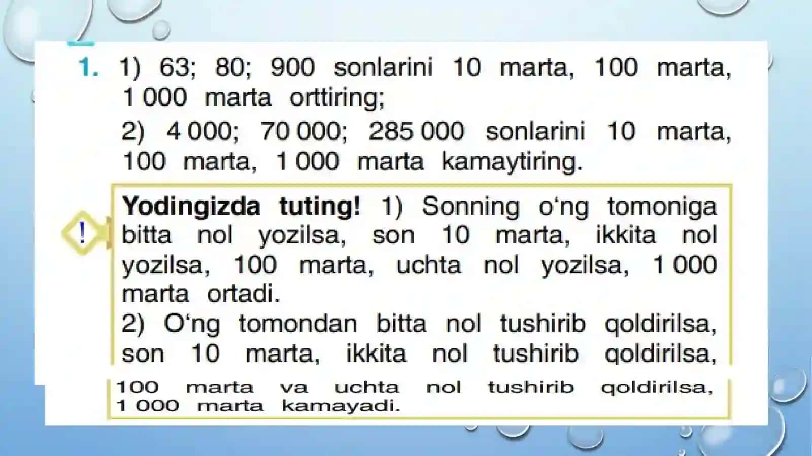 4- sinf matematika fanidan 1,10,10,1000 sonlariga ko’paytirish mavzusida taqdimoti 2
