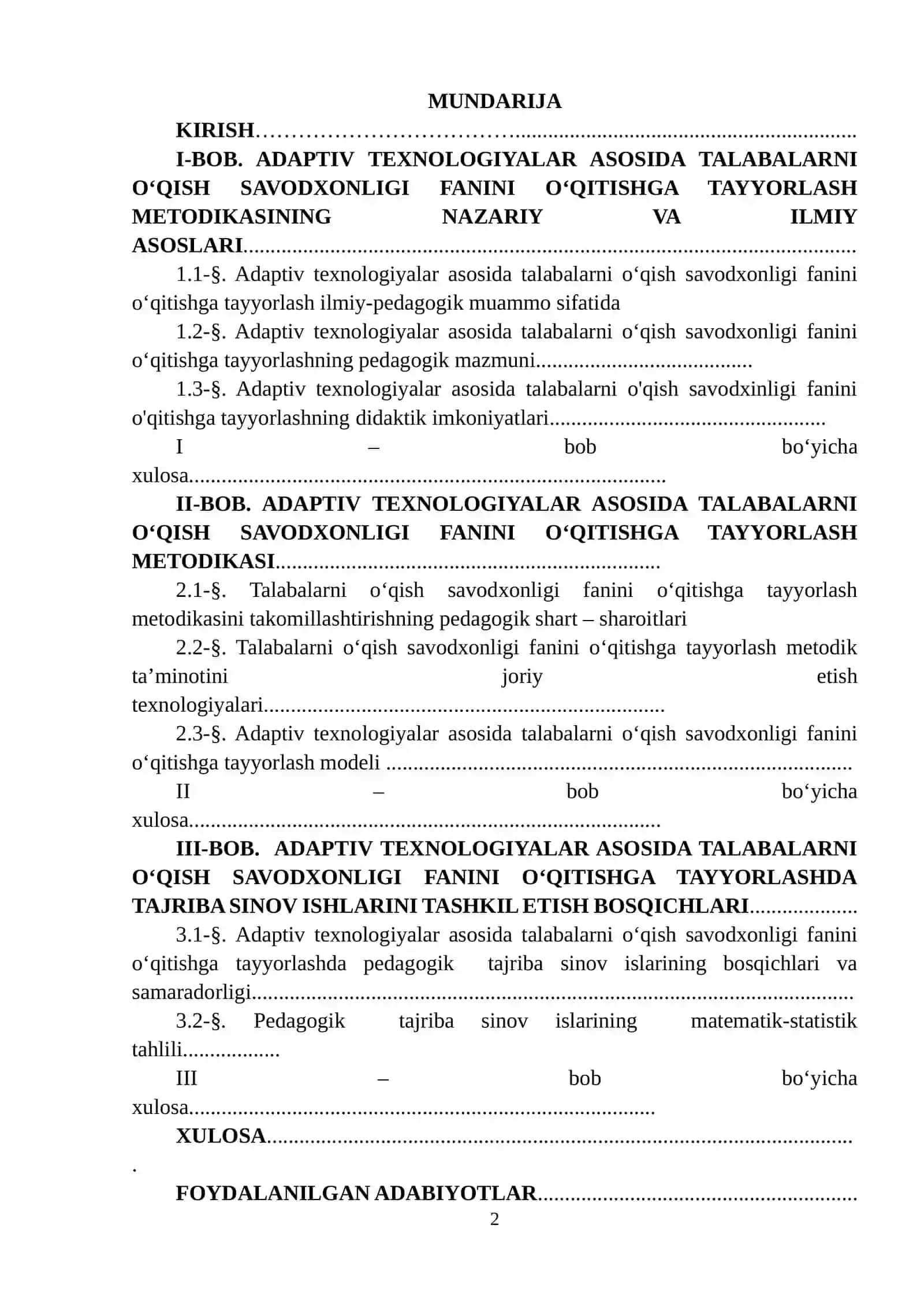 ADAPTIV TEXNOLOGIYALAR ASOSIDA TALABALARNI O‘QISH SAVODXONLIGI FANINI O‘QITISHGA TAYYORLASH METODIKASI 2