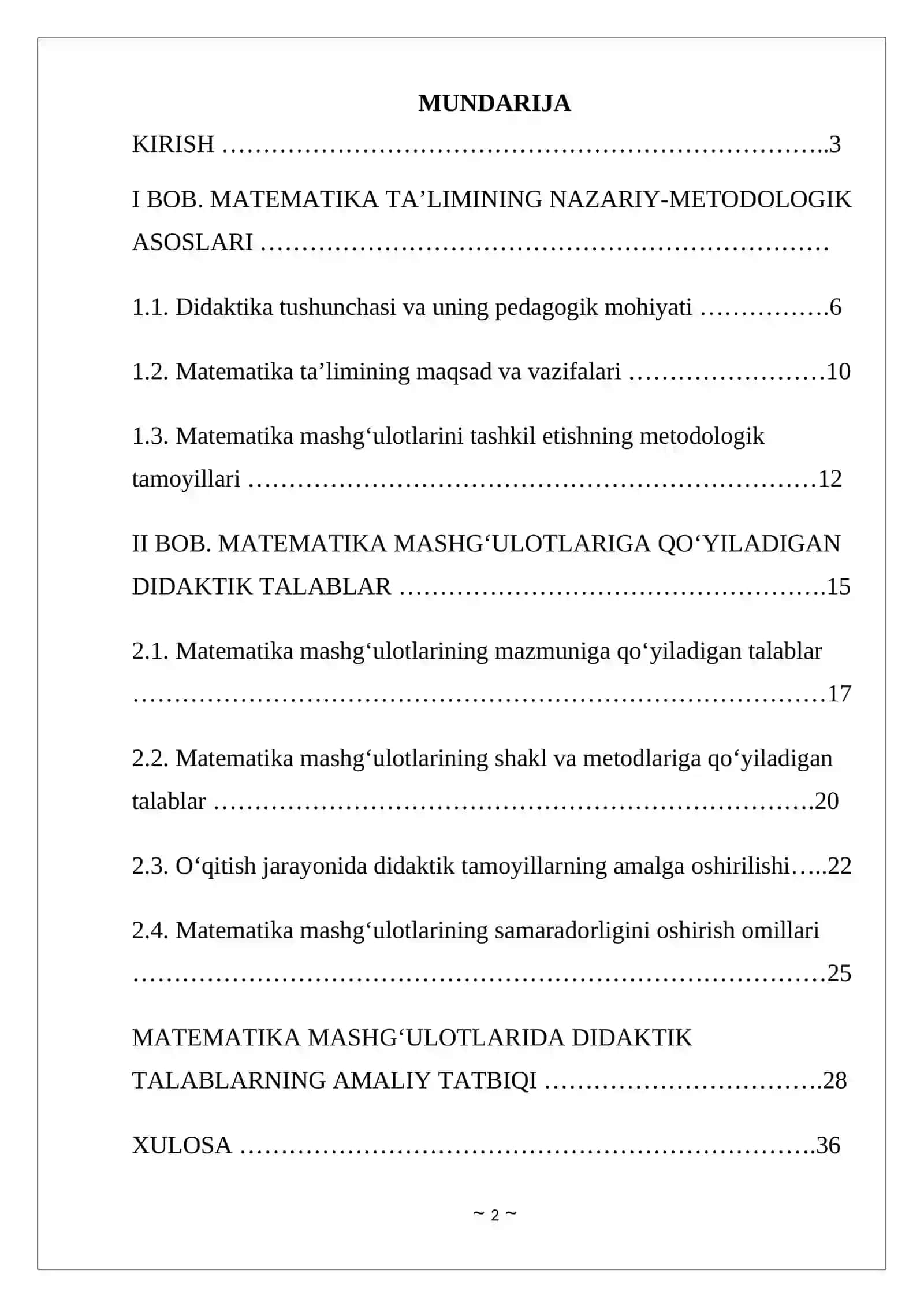 Matematika mashg‘ulotlarining didaktik talablari. Kurs ishi 2