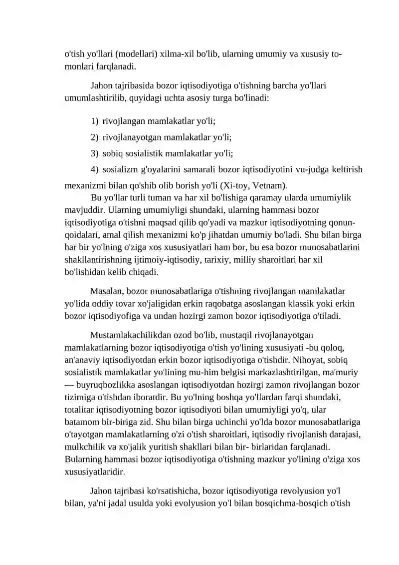 Bozor iqtisodiyotining mazmuni va unga o`tish yo`llari 2