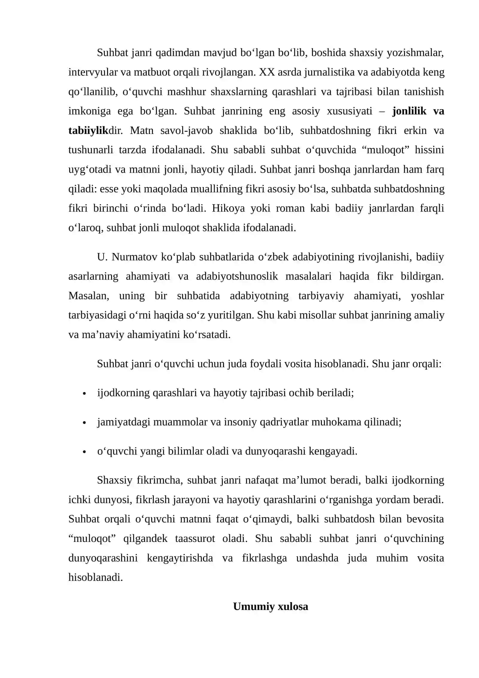 Suhbat janri haqida esse (U. Nurmatov suhbati asosida) 2