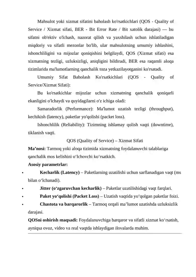 SIFAT BAHOLASH KO‘RSATKICHLARI (QOS, BER) 2