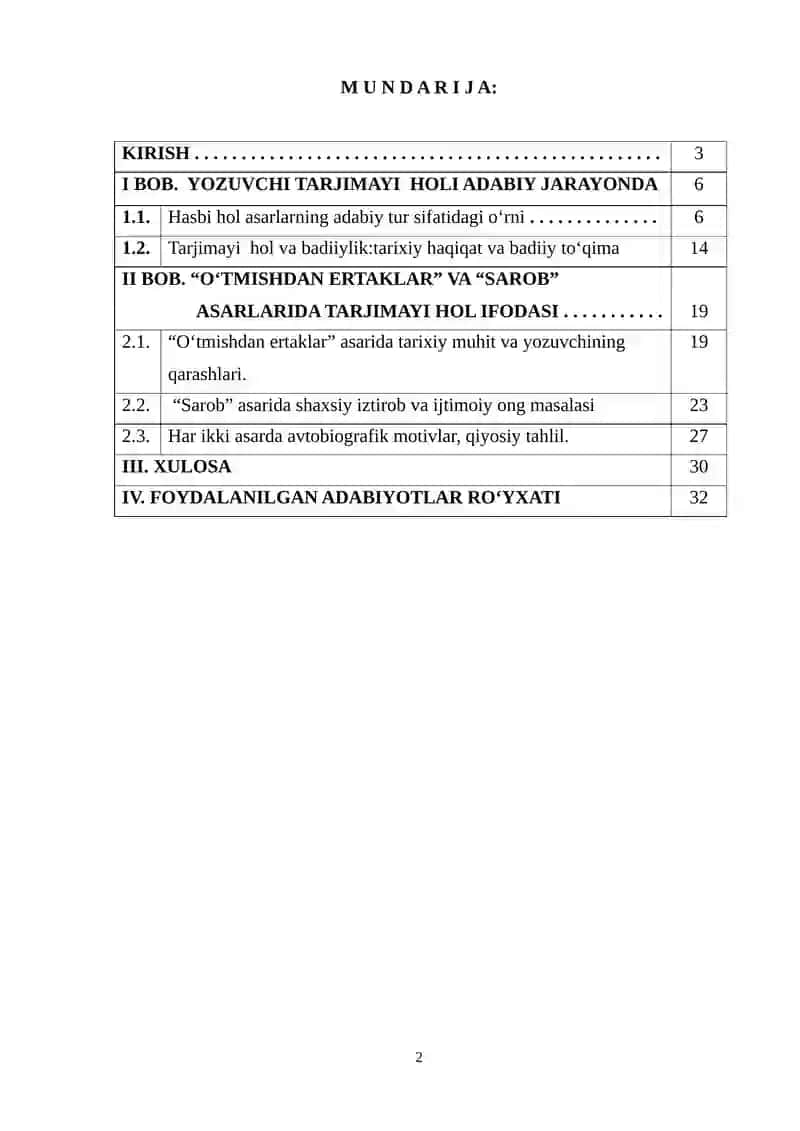 “Adabiyotni o‘qitish metodikasi” fanidan “YOZUVCHI TARJIMA HOLINING BERILISHGA XOS XUSUSIYATLARI (“O‘tmishdan ertaklar”, “Sarob” asarlari asosida)” mavzusidagi KURS ISHI 2