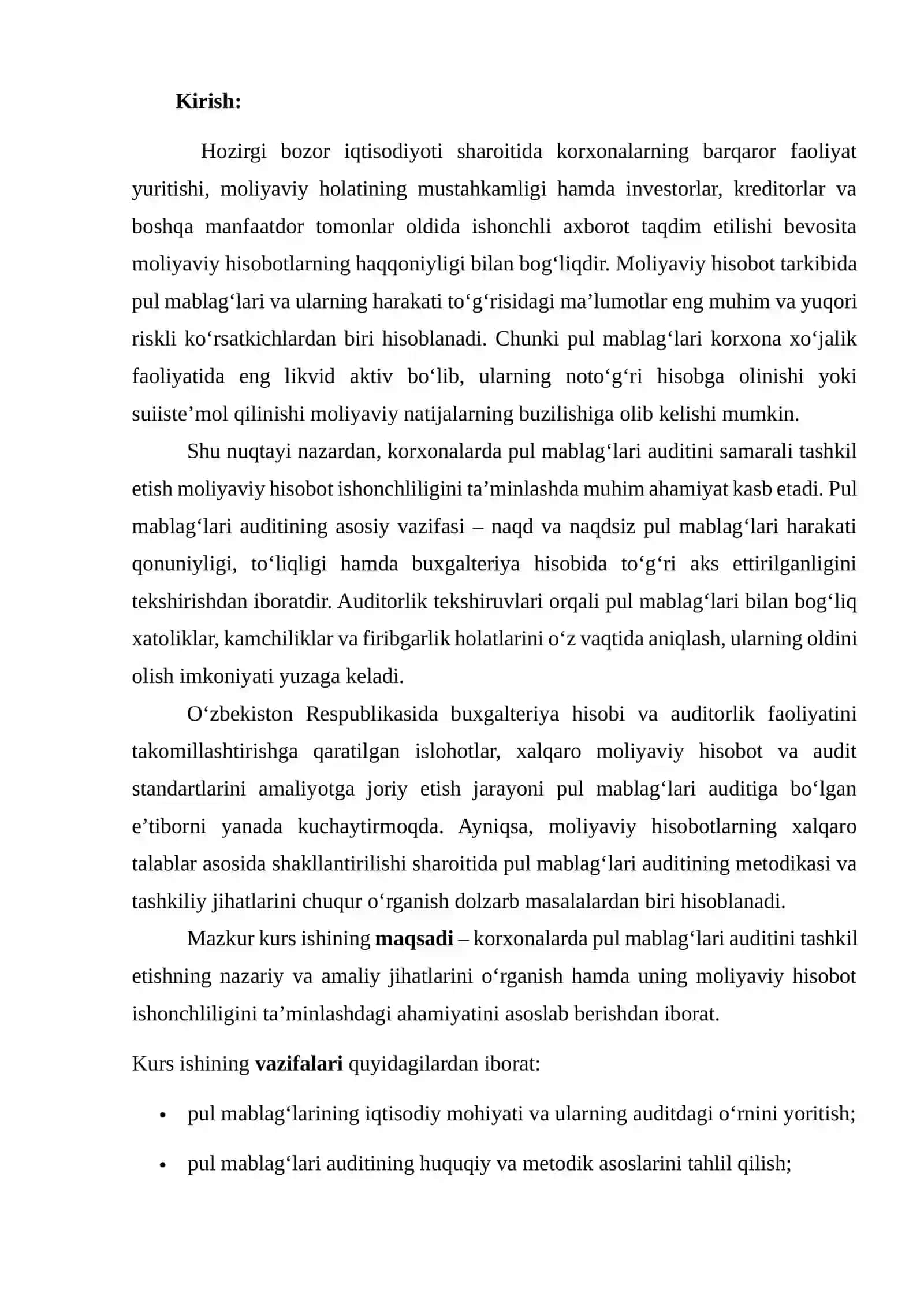 KORXONALARDA PUL MABLAG‘LARI AUDITINI TASHKIL ETISH VA UNING MOLIYAVIY HISOBOT ISHONCHLILIGINI TA’MINLASHDAGI AHAMIYATI 2