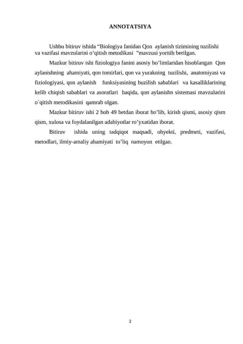 Biologiya fanidan Qon aylanish tizimining tuzilishi va vazifasi mavzularini o’qitish metodikasi 2