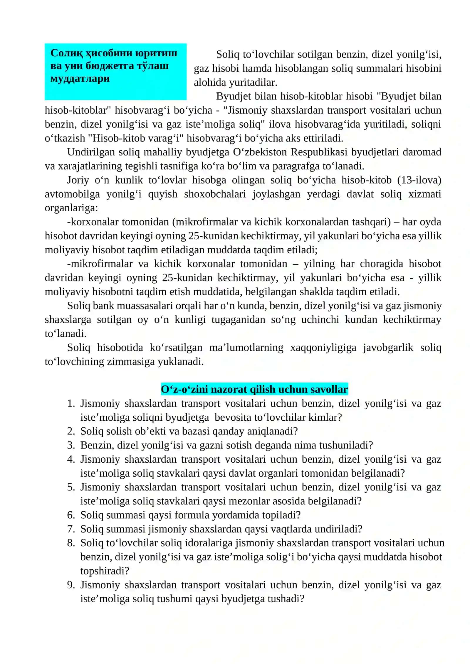 Jismoniy shaxslardan transport vositalari uchun benzin, dizel yonilg‘isi va gaz iste’moliga soliq 2