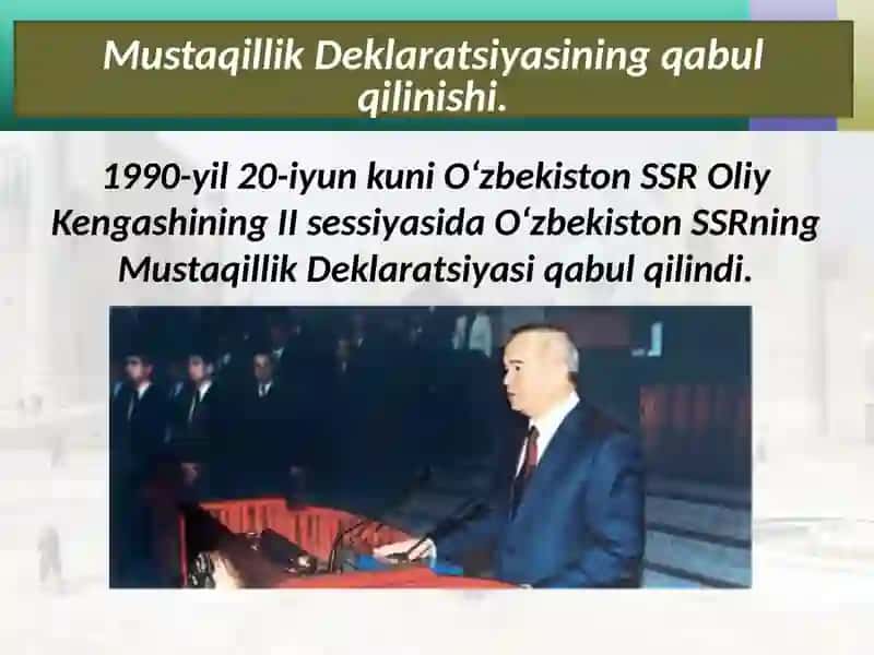 O'zbekistonda davlat mustaqilligining qo'lga kiritilishi, huquqiy demokratik davlat va fuqarolik jamiyati asoslarini barpo etish borasidagi islohotlar 2
