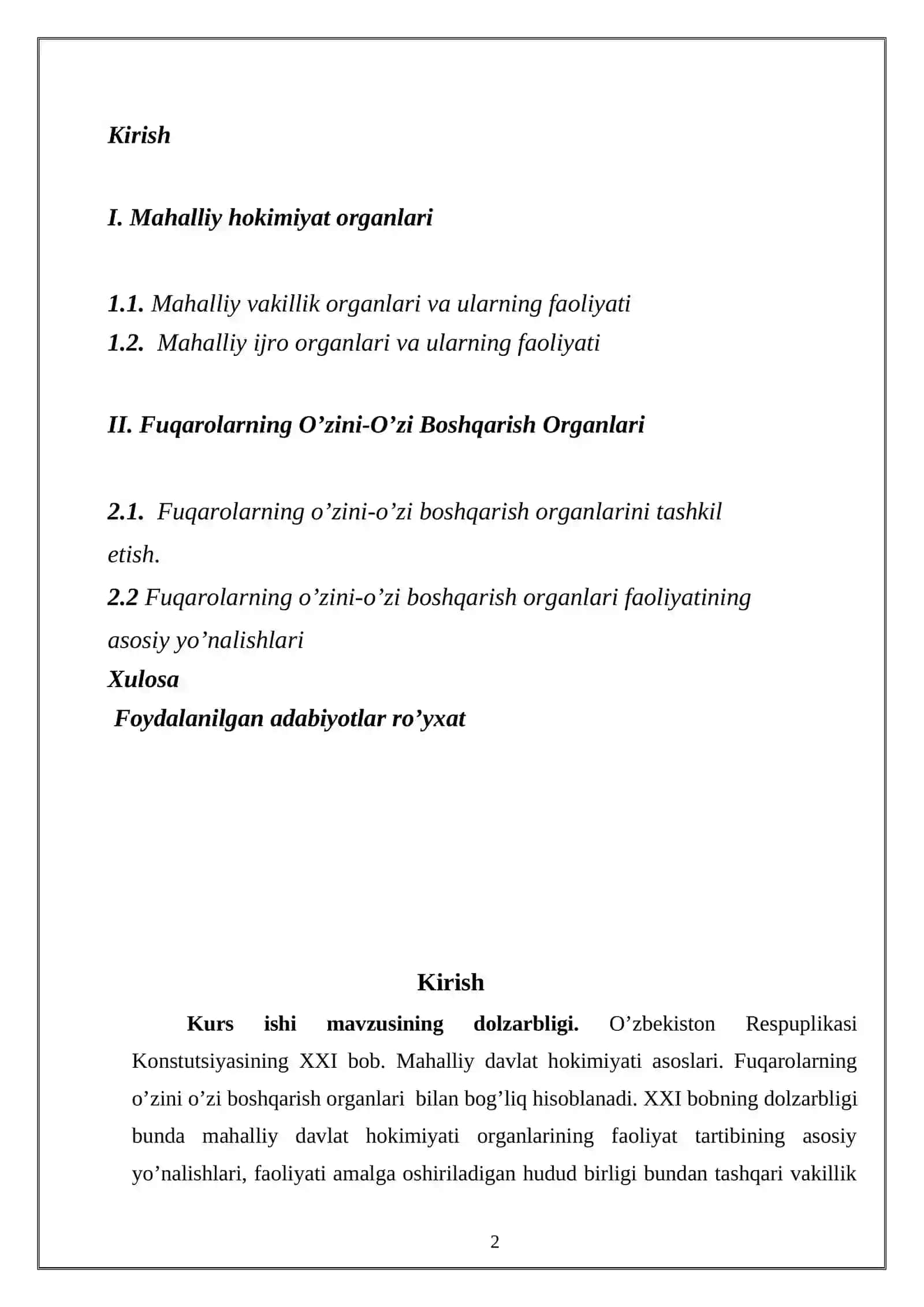 “MAHALLIY DAVLAT HOKIMIYATI ASOSLARI. FUQAROLARNING O’ZINI-O’ZI BOSHQARISH ORGANLARI” MAVZUSIDAGI KURS ISHI 2