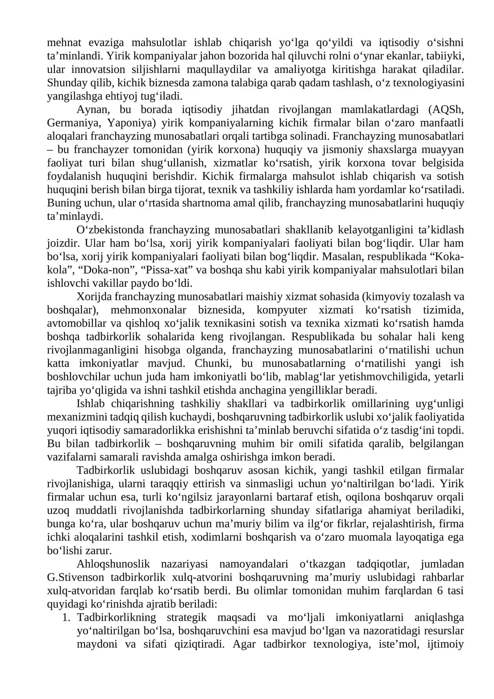 Kichik biznes va yirik ishlab chiqarish hamkorligi – kichik biznes va xususiy tadbirkorlikni rivojlantirishning muhim yo‘nalishi 2