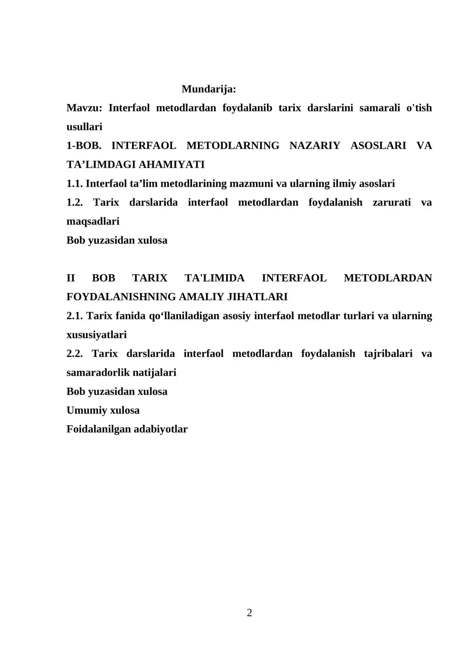 Interfaol metodlardan foydalanib tarix darslarini samarali o'tish usullari KURS ISHI 2
