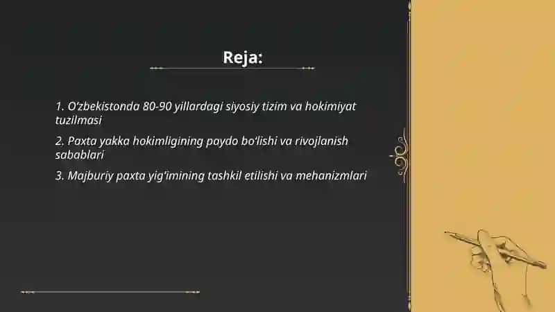 Oʻzbekistonda 80-90 yillardagi ijtimoiy-siyosiy vaziyat; paxta yakka hokimligi va qatag'onliklar 2