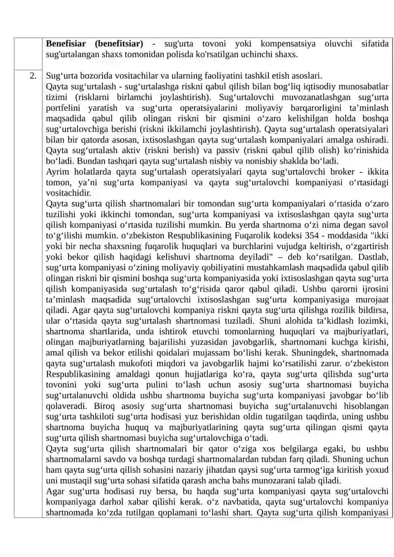 Sug‘urta bozorining professional ishtirokchilari va ularning faoliyatini o‘zaro muvofiqlashtirish 2