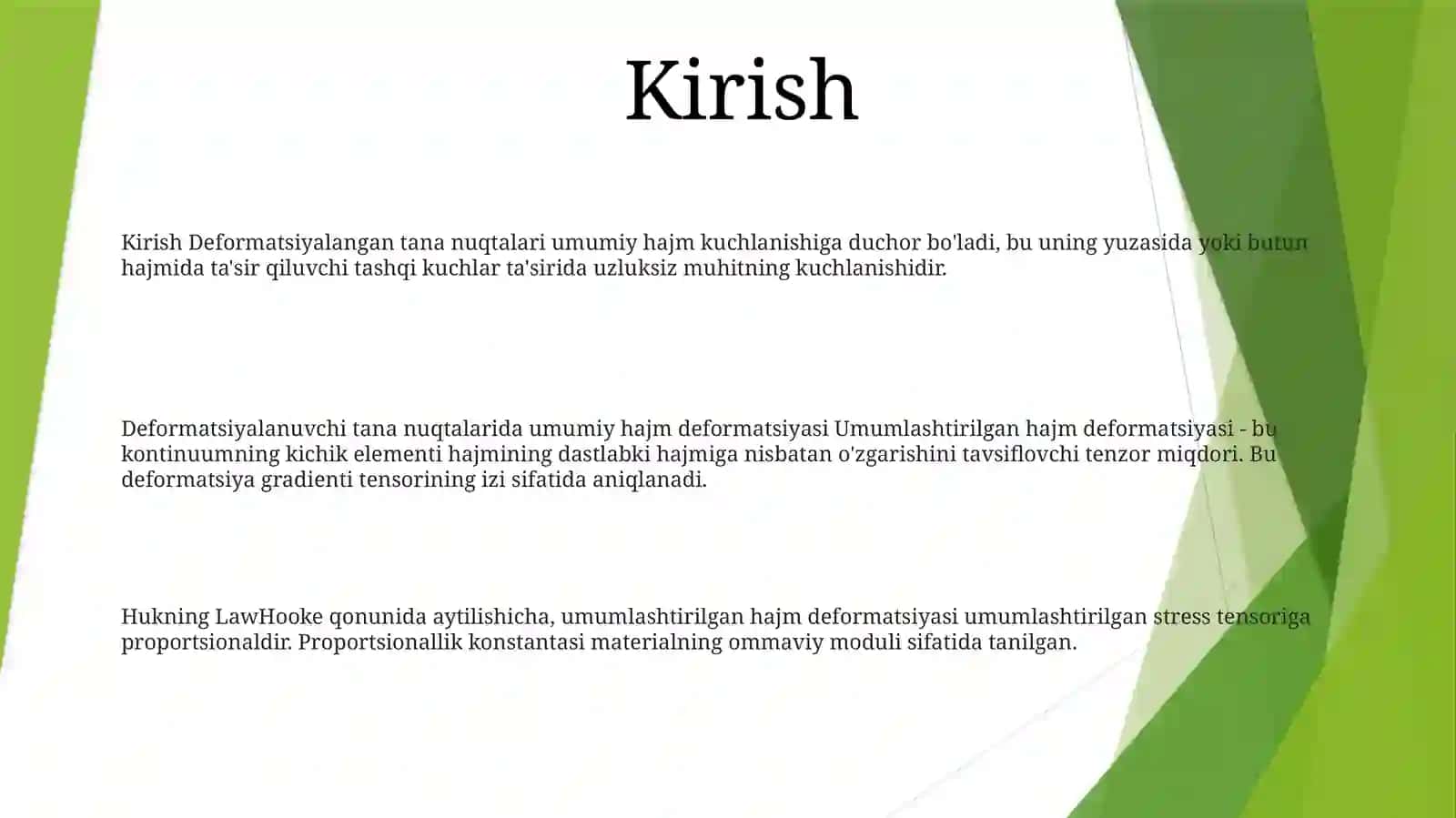 Deformatsiyalanuvchi Jism Nuqtalaridagi Umumlashgan Hajmiy Kuchlanish.Guk Qonuni 2