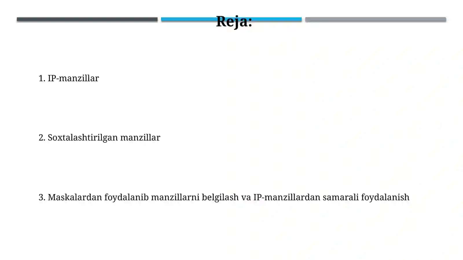 IP adreslar. Snifli adreslar. Maskalar yordamida adreslash. IP adreslardan tejamkor foydalanish 2