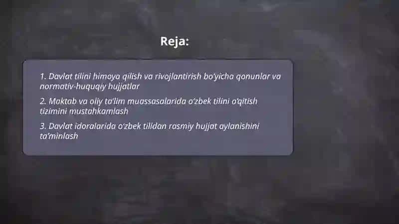 Respublikamizda O'zbek tilini davlat tili sifatidagi nufuzini oshirish bo'yicha qilinayotgan ishlar 2