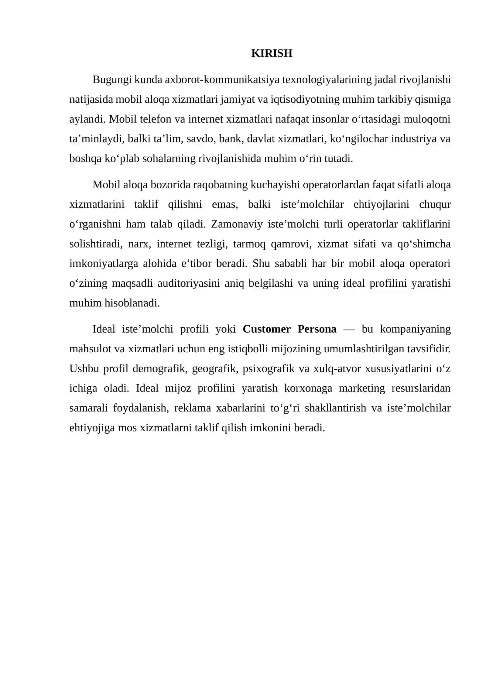 Mobil Aloqa Xizmatlari Iste’molchisining Ideal Profilini Yaratish va Unga Mos Marketing Strategiyasini Ishlab Chiqish 2