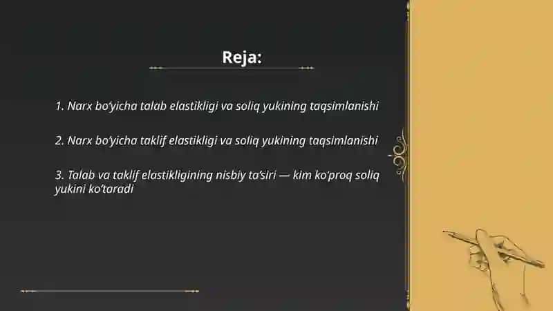 Elastiklik va soliq yukining istemolchi va ishlab chiqaruvchi o’rtasida taqsimlanishi 2