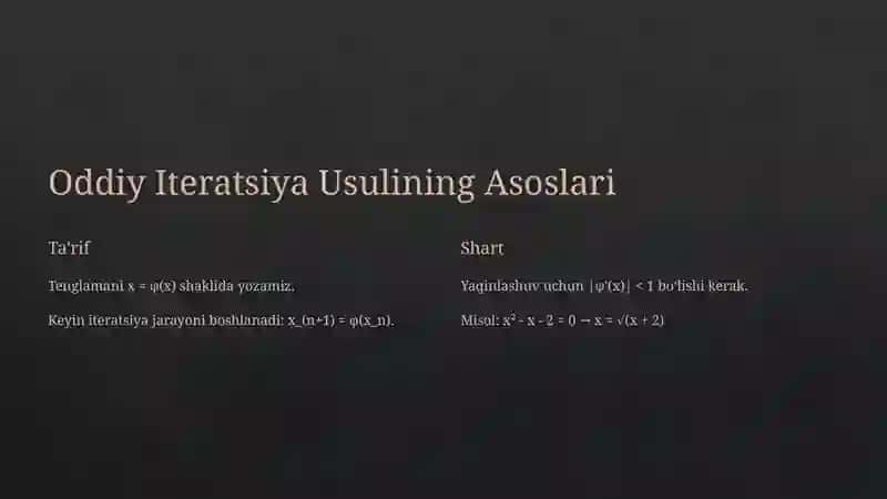 Algebraik va Transsendent Tenglamalarni Taqribiy Yechish: Oddiy Iteratsiya Usuli va Samarali Variantlari 2