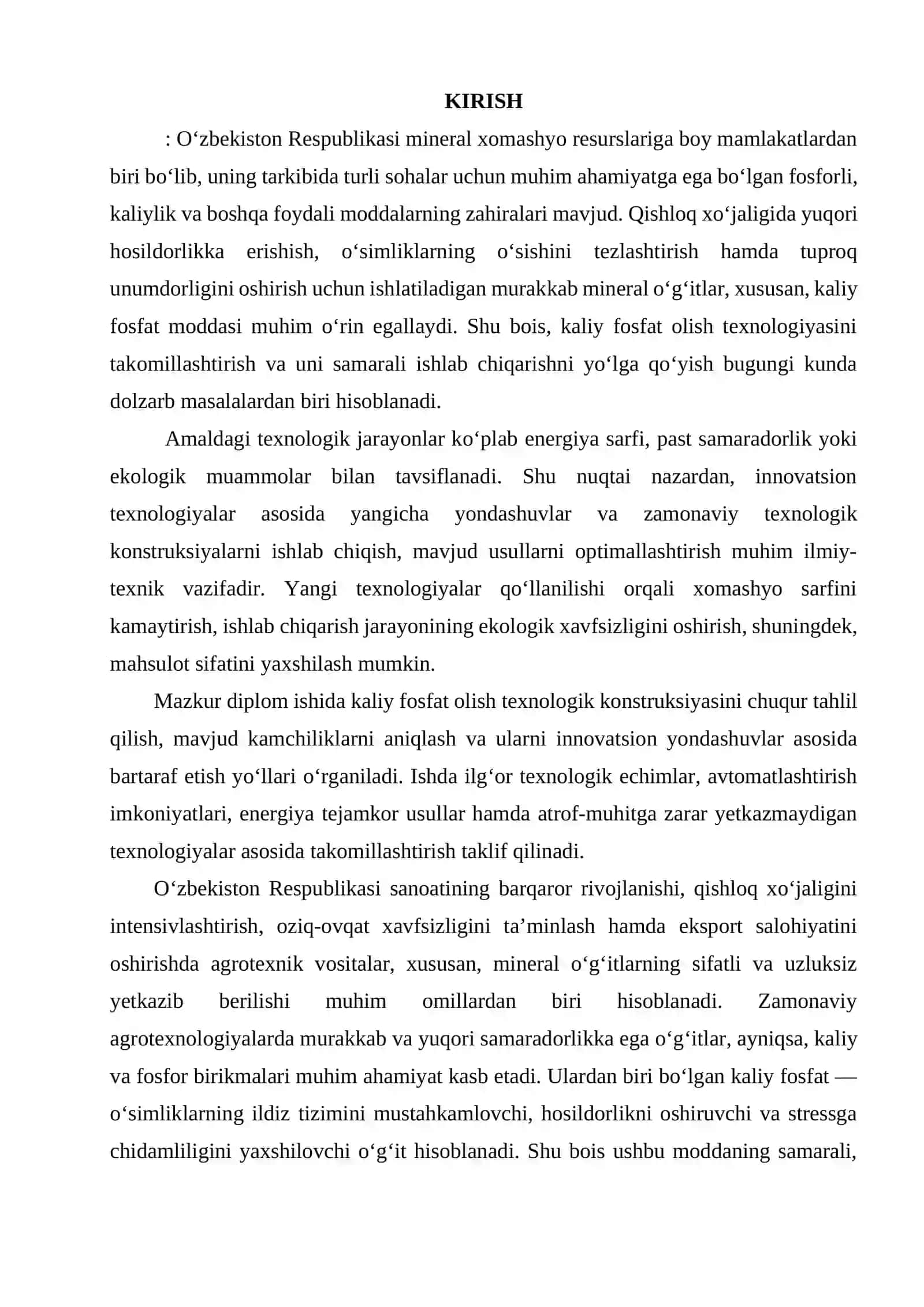 Kaliy fosfat olish texnologik konstruksiyasi innovatsion texnologiyalar asosida takomillashtirish 2