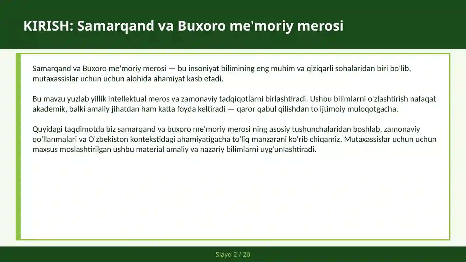 SAMARQAND VA BUXORO ME'MORIY MEROSI 2
