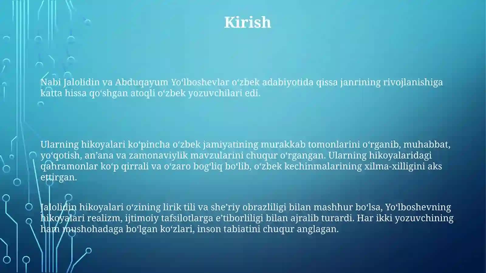 Xozirgi O'Zbek Hikoyalarida Qahramonlar Masalasi( Nabi Jalolidin, AbduqayumYo'Ldoshev) 2