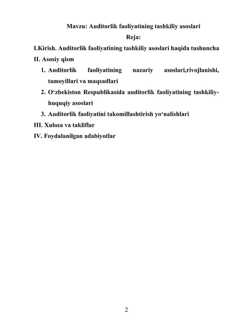 Auditorlik faoliyatining tashkiliy asoslari kurs ishi 2