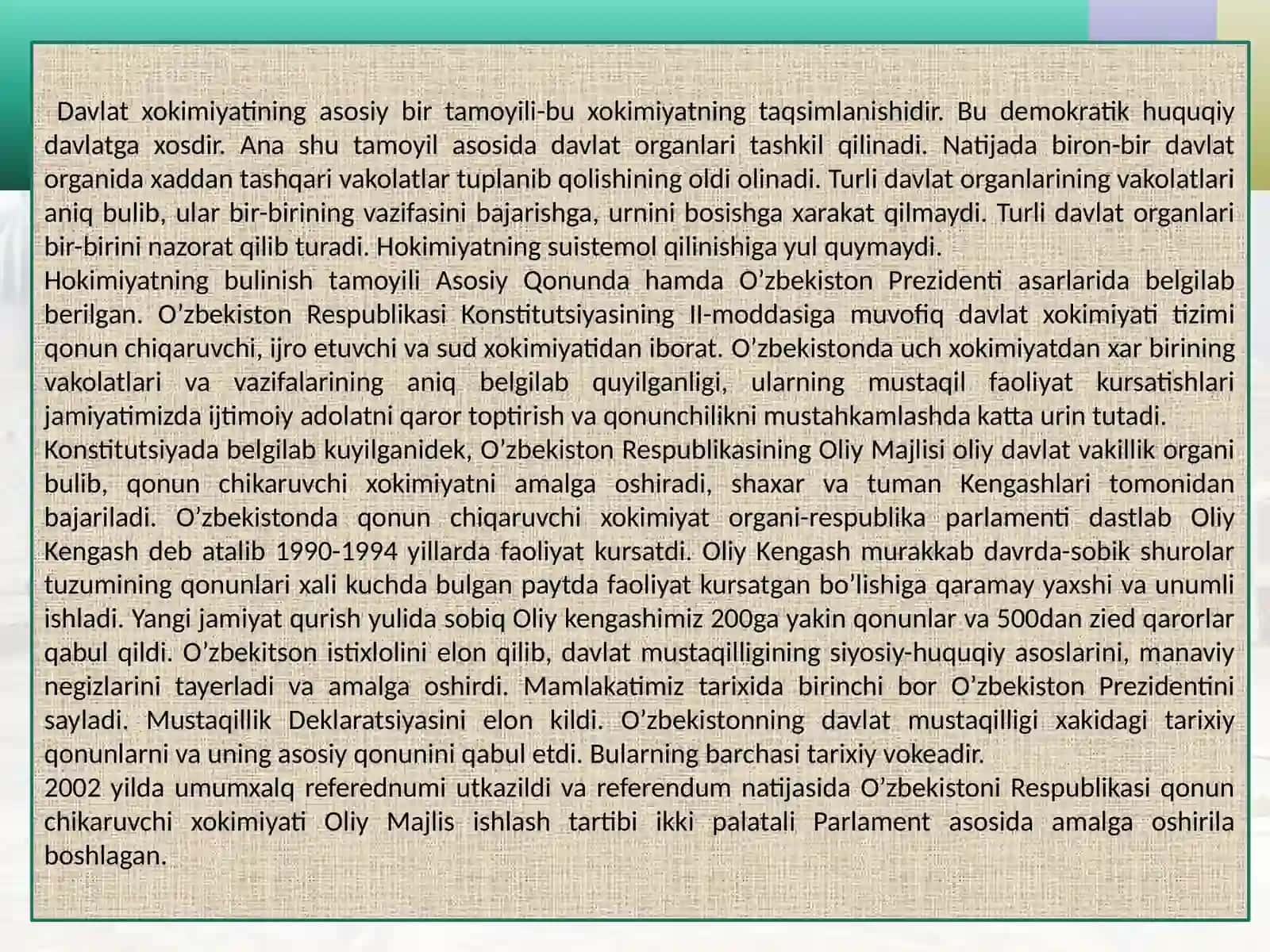 O‘zbekiston Respublikasida davlat hokimiyatining va boshqaruv organlarini demokratlashtirish jarayonlari 2