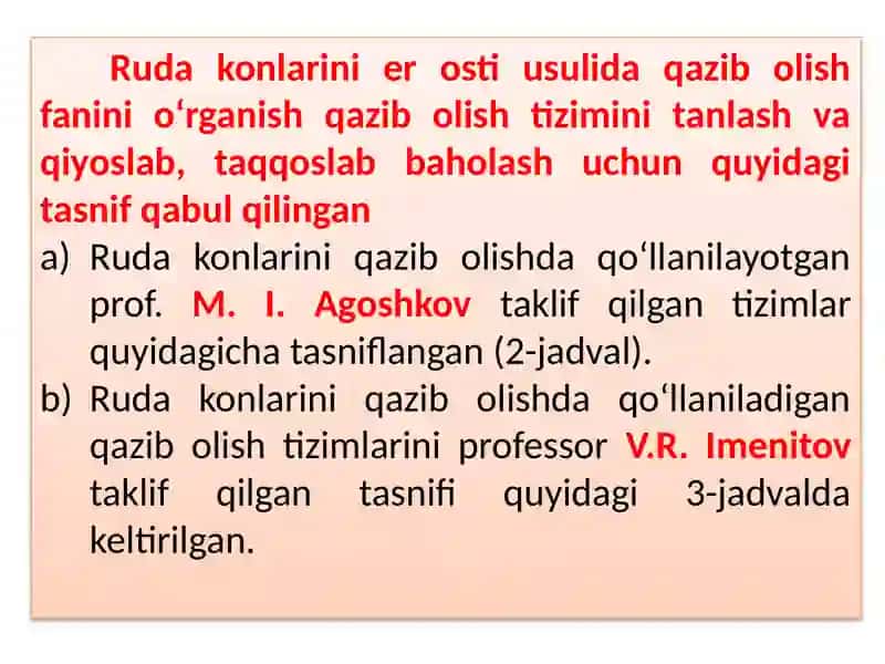 Ruda konlarini qazib olish tizimlarining tasnifi 2