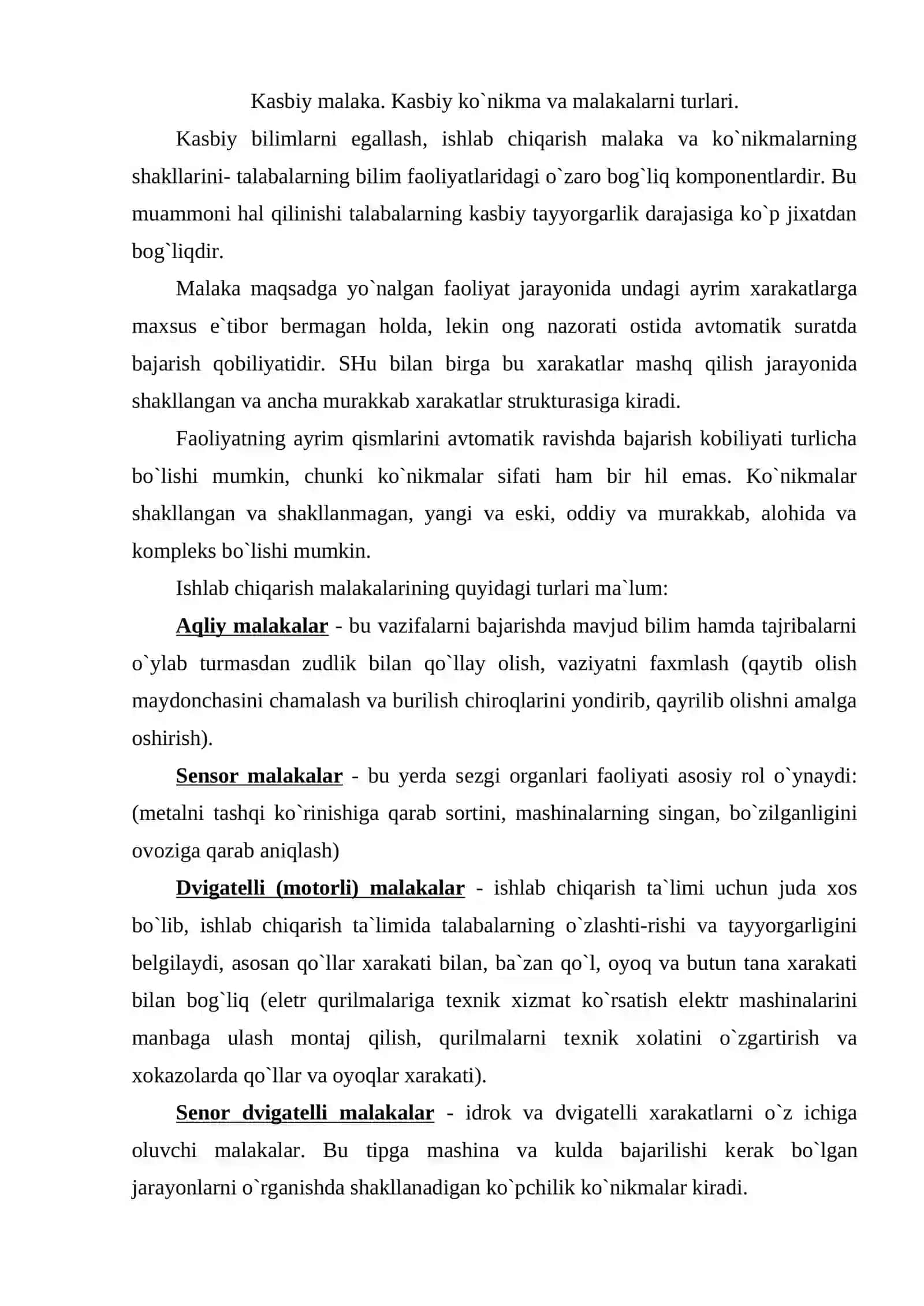 Kasbiy malaka. Kasbiy ko`nikma va malakalarni turlari 2