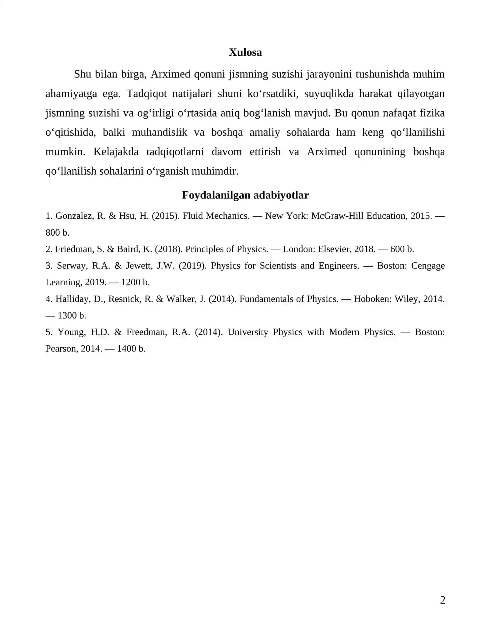 Arximed qonuni va uning qoʻllanilishi. Jismning suzishi 2