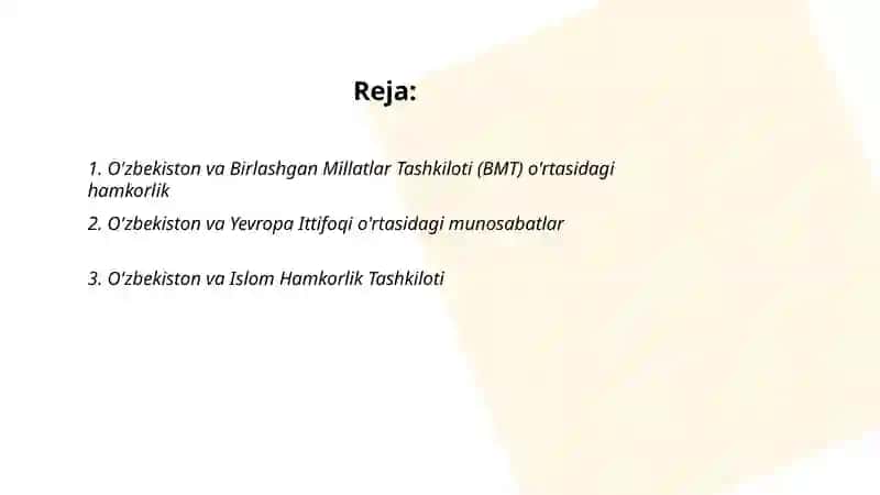 O'zbekistonni xalqaro tashkilotlar bilan hamkorlik aloqalari 2