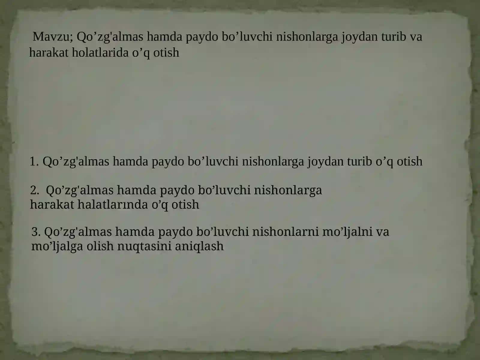 Qo’zg'almas hamda paydo bo’luvchi nishonlarga joydan turib va harakat holatlarida o’q otish 2