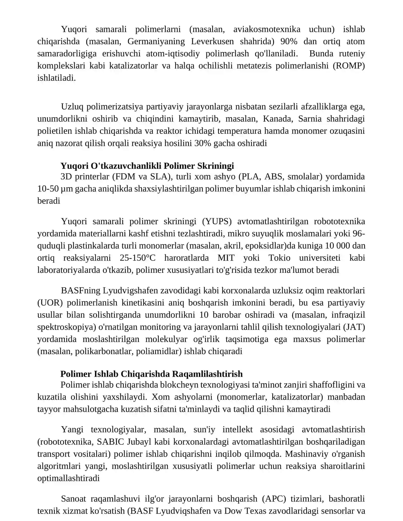 Polimer maxsulotlarini ishlab chiqarish sanoatida yangi texnologiyalar 2