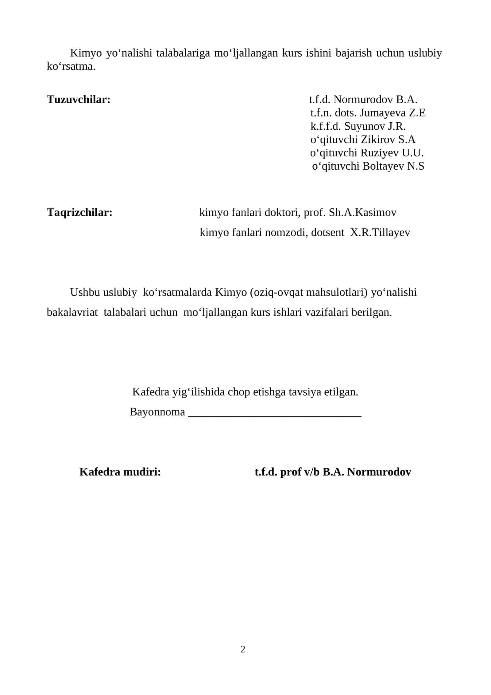 KIMYO TA’LIM YOʻNALISHI KURS ISHLARI TALABALARINING 2