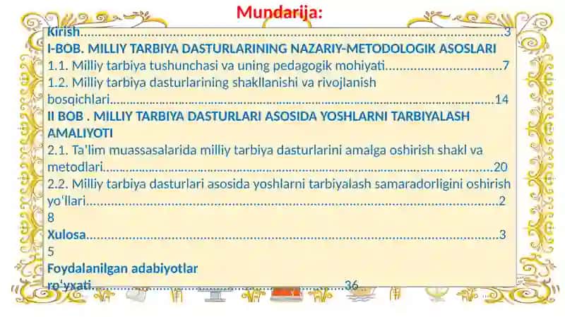 MILLIY TARBIYA DASTURLARI ASOSIDA YOSHLARNI TARBIYALASH. kurs ishi himoya 2