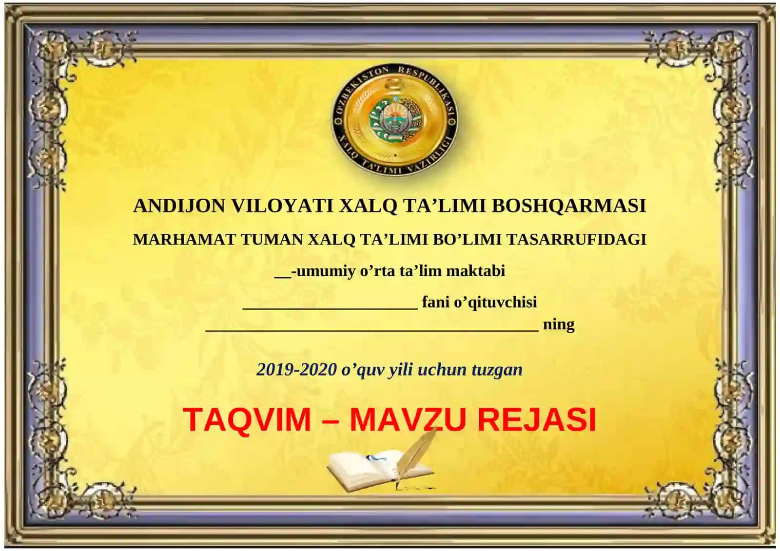 MAVZU TAQVIM – TAQVIM - MAVZU REJASI 2