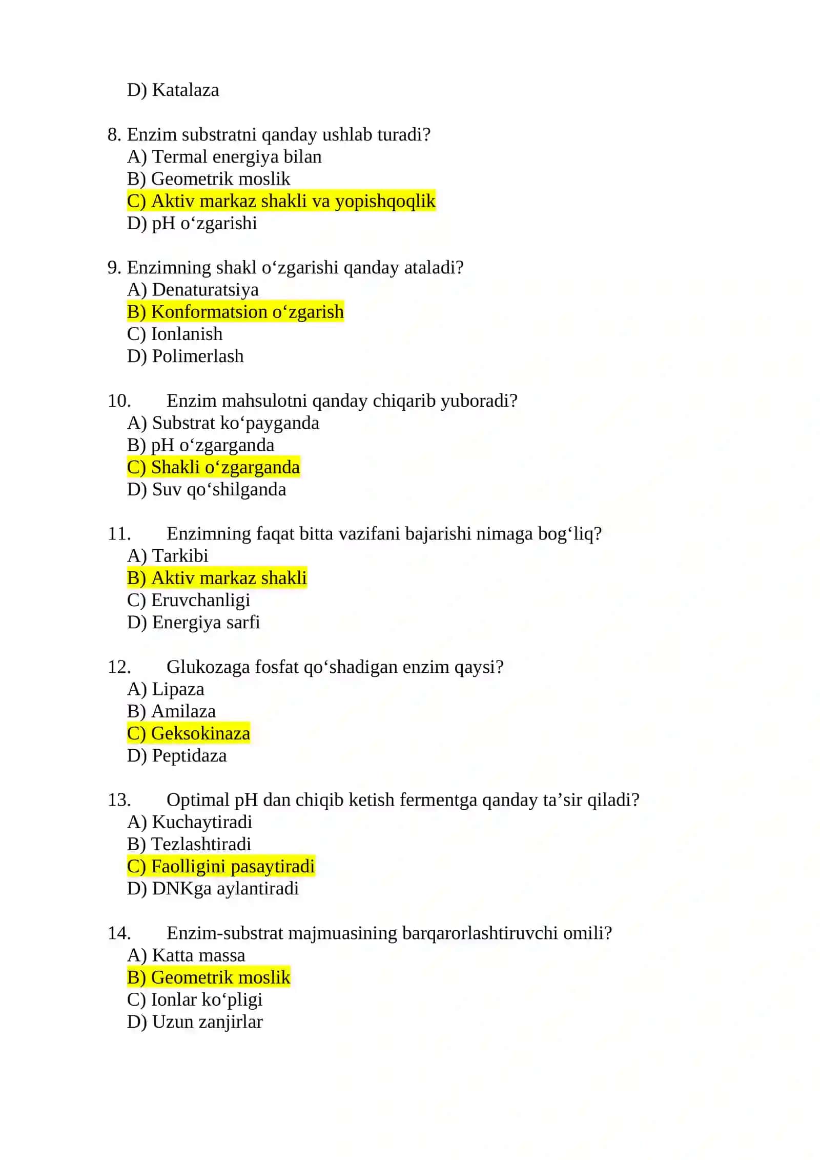 Hujayrada fermentlarning biokimyoviy ahamiyat yuzasidan 20 ta test 2