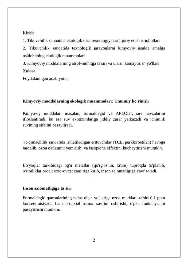 Tikuvchilik sanoatida texnologik jarayonlarni kimyoviy usulda amalga oshirishning ekologik muammolari 2