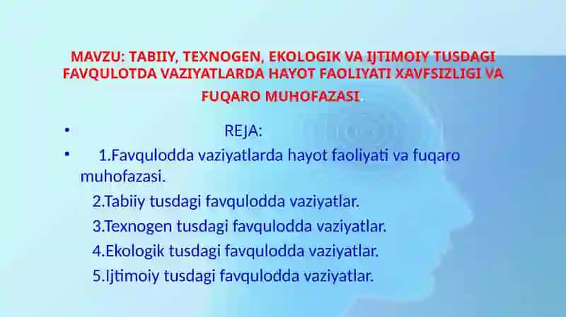 Tabbiy, texnogen, ekologik va ijtimoiy tusdagi favqulodda vaziyatlarda hayot faoliyati xavfsizligi 2
