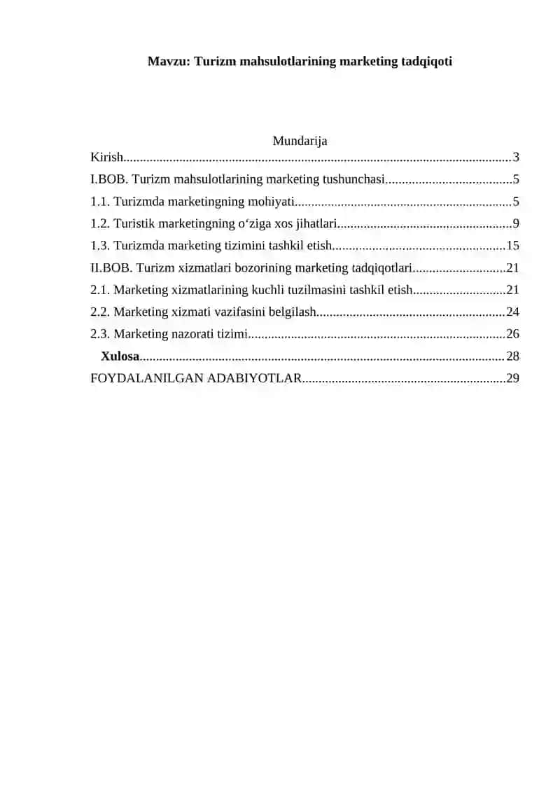 Turizm mahsulotlarining marketing tadqiqoti 2