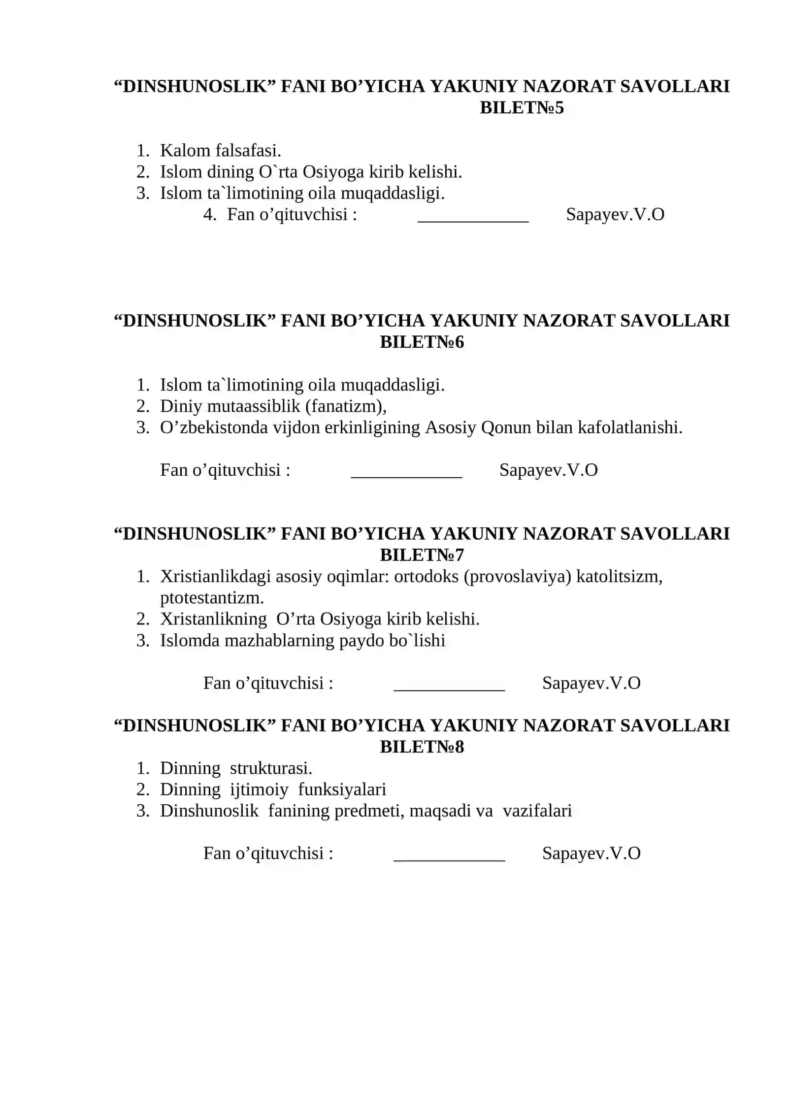 DINSHUNOSLIK FANI BO’YICHA YAKUNIY NAZORAT SAVOLLARI 2