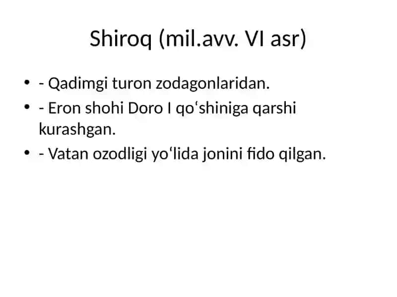 Mamlakatimiz erki va ozodligi yoʻlida kurashganlar ( Shiroq,Spitamen, Jaloliddin Manguberdi) 2