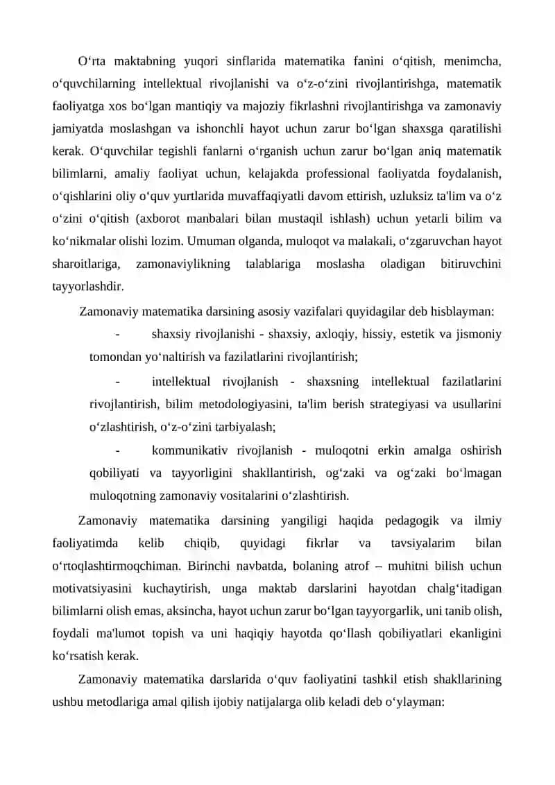 MATEMATIKA O‘QITISHNING ZAMONAVIY SHAKLLARI VA USULLARI BO‘YICHA METODIK TAVSIYALAR 2