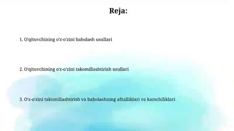 O'qituvchining o'zustida ishlash va o'zini baholash usullari 2