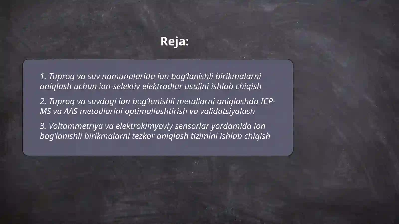 Tuproq va suvning ifloslanishida ion bogʻlanishli birikmalarni aniqlab tozalash usulini ishlab chiqish 2