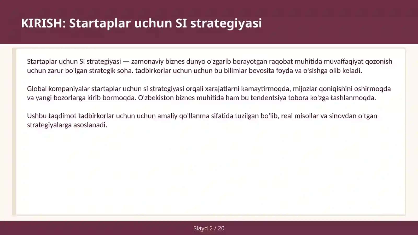 Startaplar uchun SI strategiyasi 2
