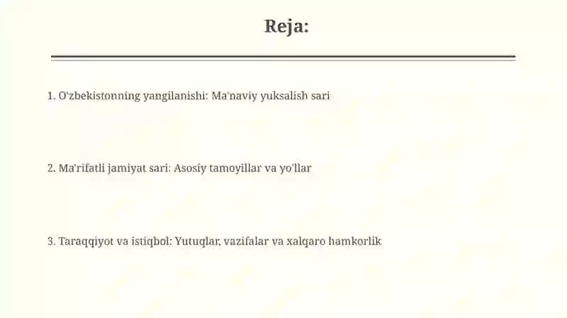 O'zbekistonning yangilanishi: Ma'naviy yuksalish sari 2