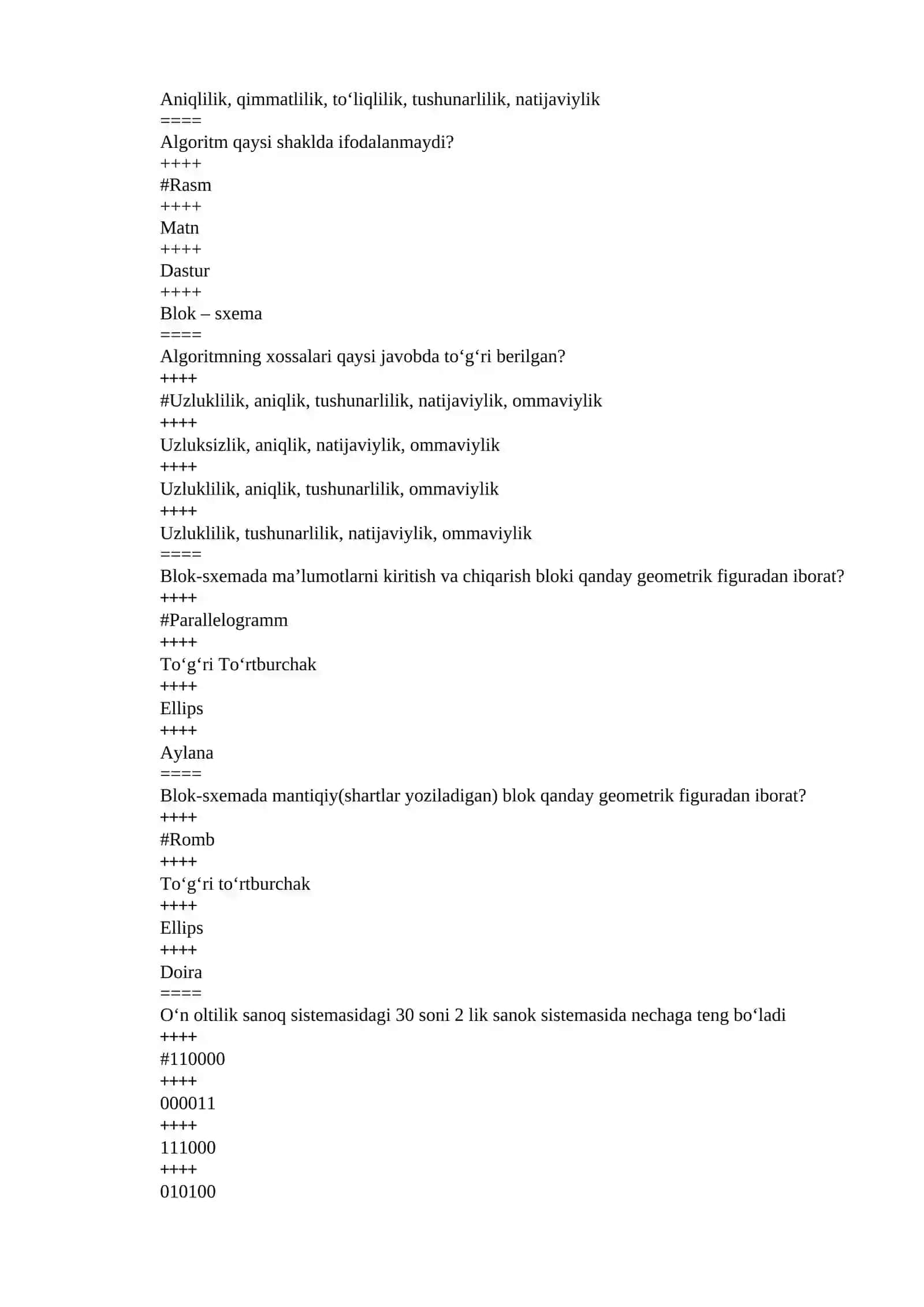 BITIRUVCHI KURSLARGA ATTESTASIYA SAVOLLARI 2