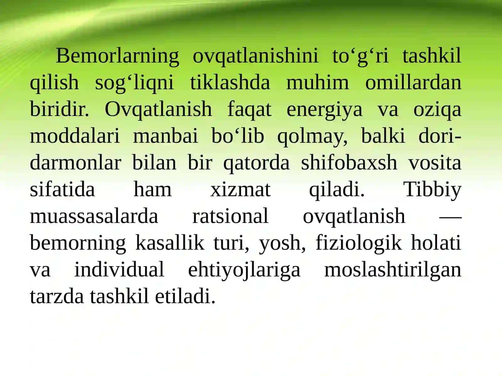 Bemorlarning ovqatlanishini tashkil qilish va sifatini nazorat qilish 2