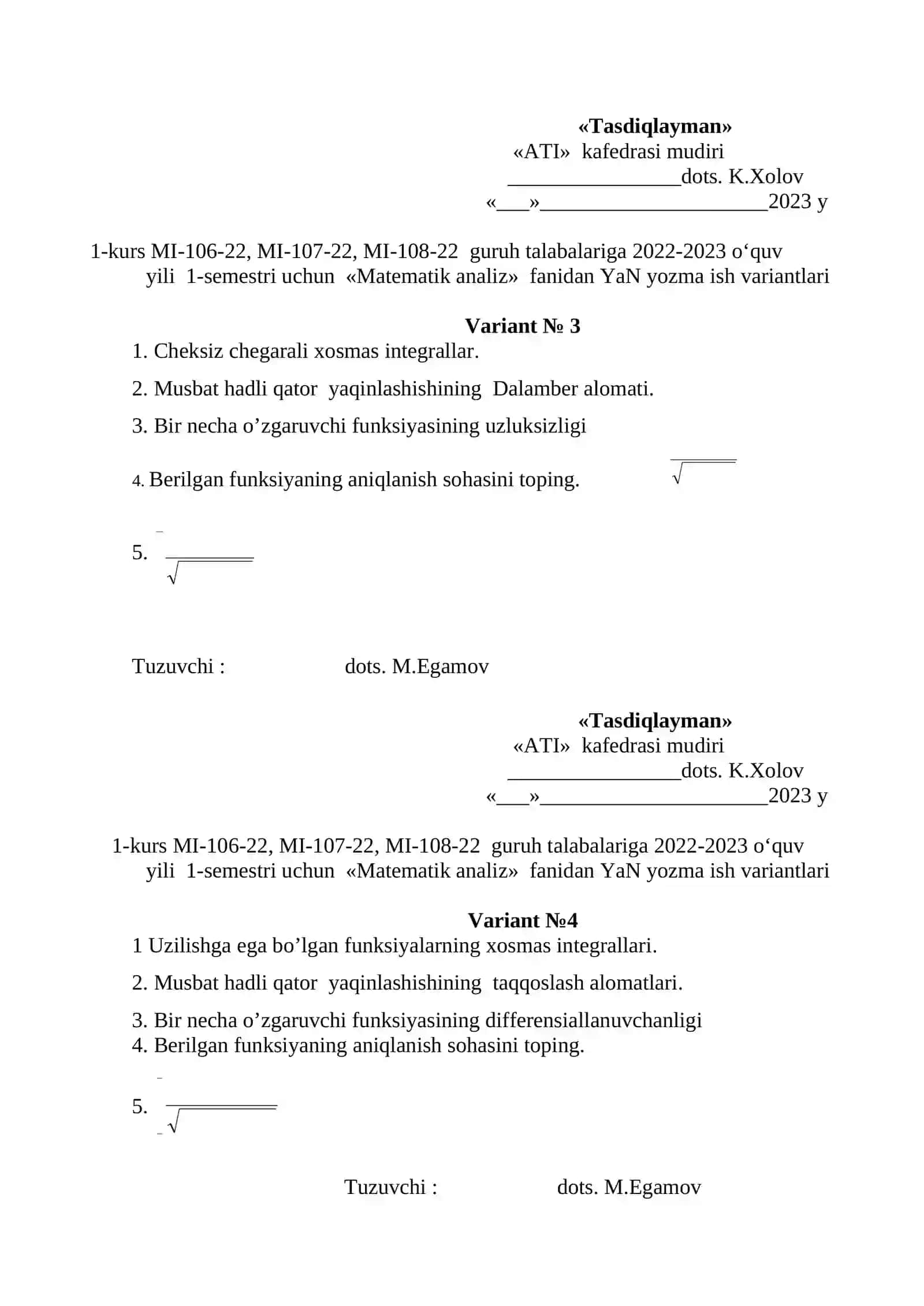 Matematik analiz YaN yozma ish variantlari 2
